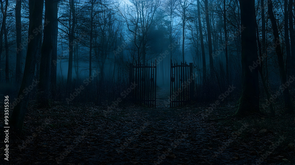Fototapeta premium Eerie Open Gate in a Foggy Forest at Dusk With an Atmosphere of Mystery and Suspense. Generative AI