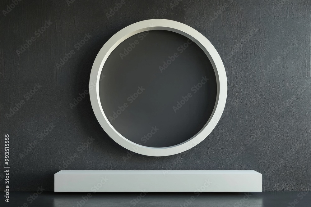 A matte charcoal wall with a white circular frame, the center left blank and striking A matte charcoal wall with a white circular frame, the center left blank and striking