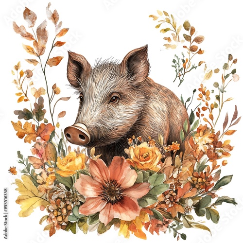 Watercolor Illustration of a Wild Piglet in a Floral Wreath.
