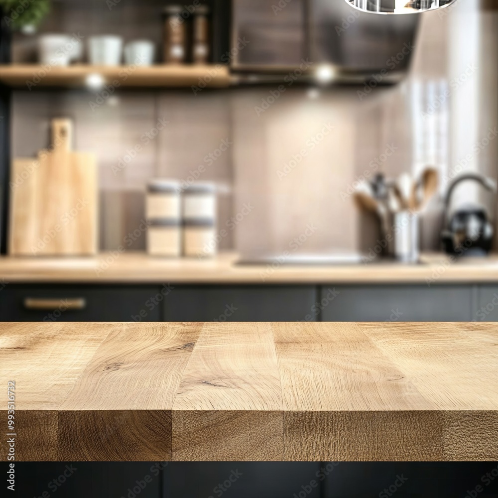 Kitchen wood table top for product display with blurred modern interior. Wooden tabletop over defocused kitchen background. kitchen furniture and desk space. product promotion in the kitchen Kitchen wood table top for product display with blurred modern interior. Wooden tabletop over defocused kitchen background. kitchen furniture and desk space. product promotion in the kitchen