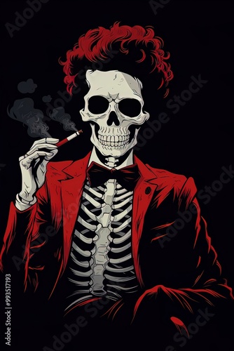 Minimalist Black Skeleton Chilling with a Gentleman style, Funny and Stylish Character on a Dark Black Background, Perfect for Halloween, Fashion, and Humorous Themes