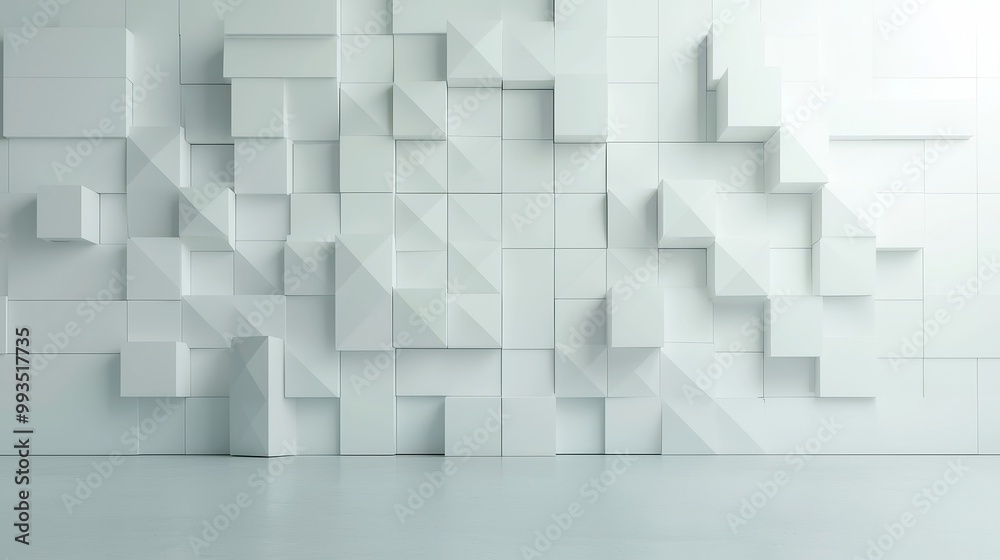 Fototapeta premium Futuristic High-Tech Interior, showcasing a light backdrop, featuring a diamond-shaped block structure and a textured wall adorned with a 3D diamond tile pattern.