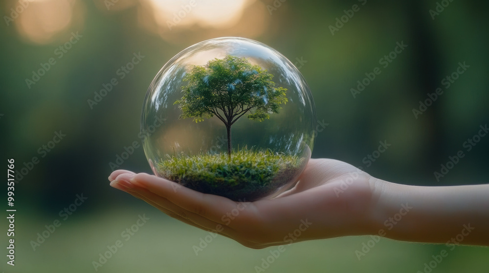Sustainable future concept with a tree encased in a clear globe, hand supporting nature. Sustainable future concept with a tree encased in a clear globe, hand supporting nature.