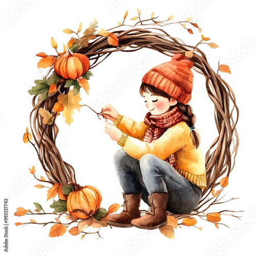 Watercolor Illustration of a Girl Sitting in a Fall Wreath with Pumpkins.