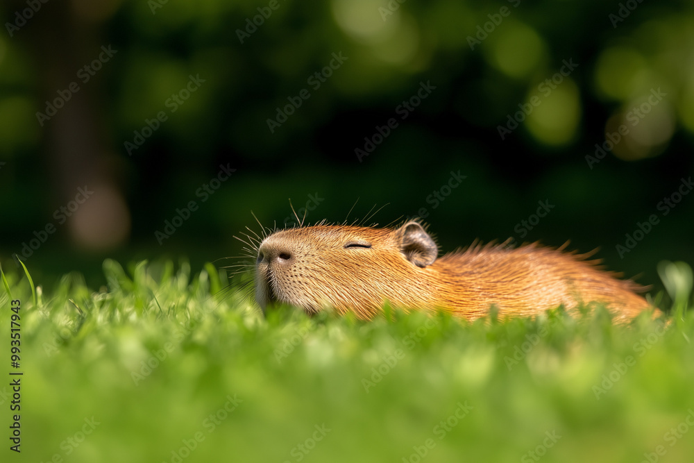cute capybara peeking out of grass in sunlight cute capybara peeking out of grass in sunlight