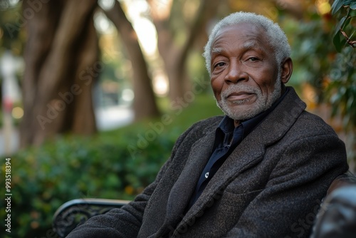 An older Black man sitting on a bench, looking thoughtful, in a peaceful, tree-lined park, reflecting wisdom and the beauty of contemplation in nature