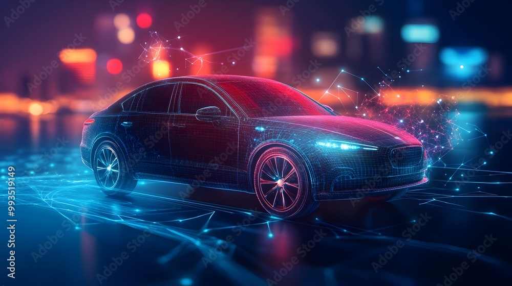 Futuristic Electric Racing Car Speeding Through a Glowing City at Night Futuristic Electric Racing Car Speeding Through a Glowing City at Night