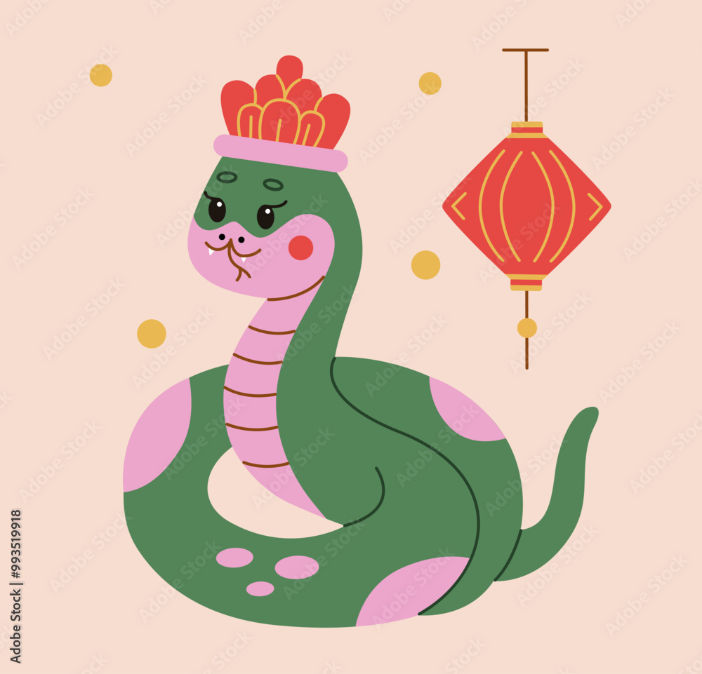 Colorful festive snake in a flat style with a traditional Chinese lantern and decorative crown. Perfect for celebrating Lunar New Year, cultural events, or adding a playful design element. Colorful festive snake in a flat style with a traditional Chinese lantern and decorative crown. Perfect for celebrating Lunar New Year, cultural events, or adding a playful design element.