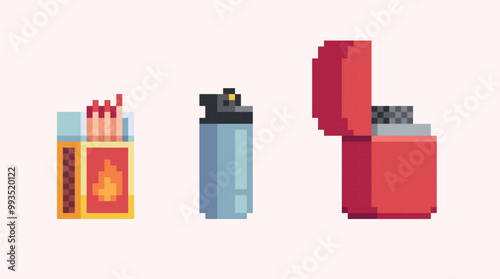 Matchbox, gas lighter pixel art set. Ignite devices collection. 8 bit. Game development, mobile app. Isolated vector illustration.