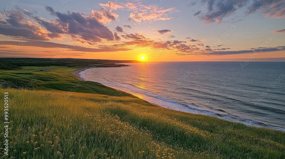 Sunset Over Coastal Landscape with Golden Grass and a Small Building