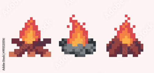 Burning camp fire flames pixel art set. Stone, wood fire pit collection. 8 bit. Game development, mobile app. Isolated vector illustration.