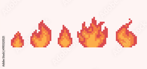 Fire and flames pixel art icon set. Flare sparkles, ignitions logo collection. 8-bit sprite. Game development, mobile app. Isolated vector illustration.