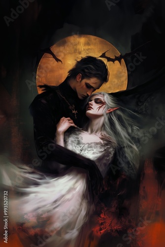 Dark romance between a vampire and a ghostly figure under a full moon at night