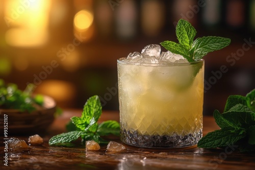 Cocktail Kentucky Mule pale yellow colored placed on the right side of the table with a mint sprig on the table. Blurred bar with sunlight in the background. photo