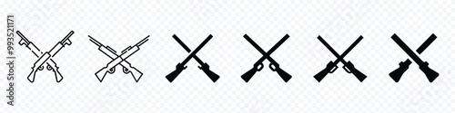 Shotguns Cross icon set, Two crossed rifles icon, Black Shotguns Cross Illustration Silhouette, Hunting rifle. Sniper rifle. Old rifle. Revolution symbol, Sniper rifle icons set