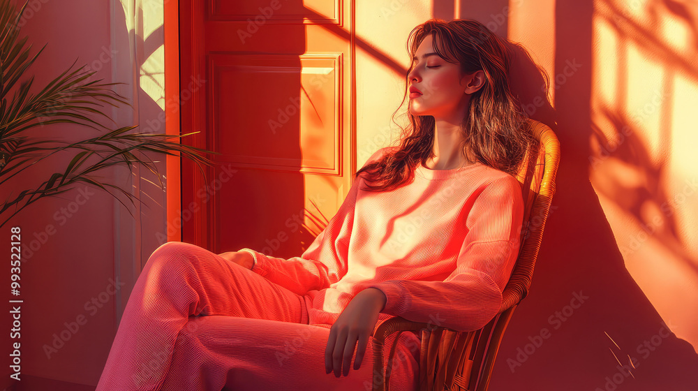 Fototapeta premium A woman is sitting in a chair.The room is filled with books and a potted plant. The atmosphere is cozy. Generative AI