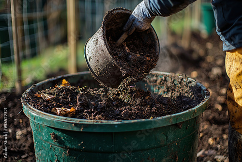 Wallpaper Mural a person stirring compost in a bin, with the focus on the turning motion and the organic waste breaking down Torontodigital.ca