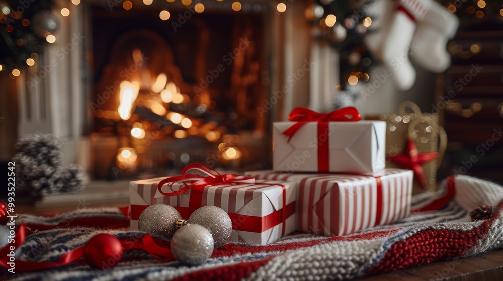 Cozy Christmas Scene with Wrapped Gifts and a Warm Fireplace Glow Cozy Christmas Scene with Wrapped Gifts and a Warm Fireplace Glow