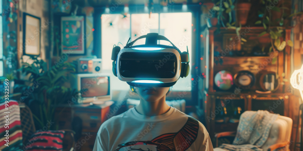 A creative portrait of a person wearing a futuristic VR headset A creative portrait of a person wearing a futuristic VR headset