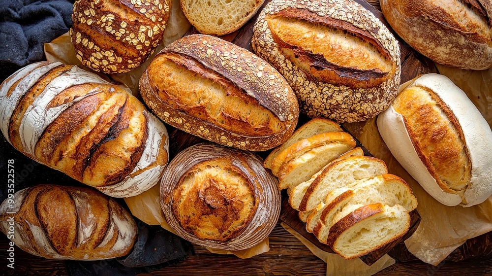 Artisanal Bread Showcase, an array of handcrafted breads and grains elegantly arranged on a rustic wooden surface, highlighting the intricate textures and skilled craftsmanship of traditional baking. Artisanal Bread Showcase, an array of handcrafted breads and grains elegantly arranged on a rustic wooden surface, highlighting the intricate textures and skilled craftsmanship of traditional baking.