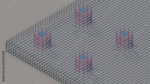 3D axonometric detail of a 60cm concrete foundation with 16 pedestals (60x60x80cm), 16mm steel plates, and pile caps reinforced with 16mm steel round bars at 15cm intervals, forming a solid foundation photo