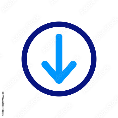 Arrow pointing downward, blue outline circle, minimal design, bold colors, direction symbol, download icon, clean lines, geometric shapes, technological relevance, simplicity.