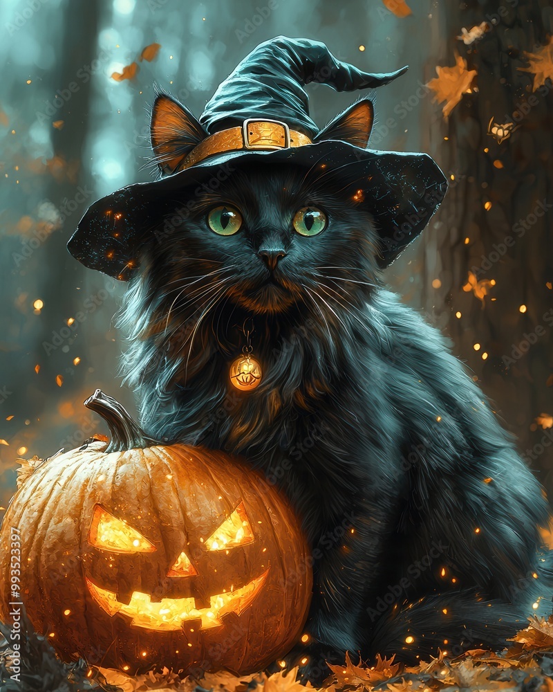 Halloween Magical Cat with Pumpkin Decoration
