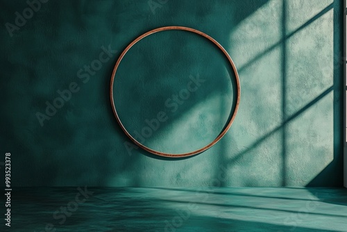 A matte emerald green wall with a copper circular frame, the empty middle offering a bold yet elegant contrast. 