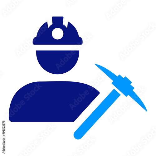 Mining worker icon, helmet, pickaxe, blue, minimal design, simple lines, occupational symbol, manual labor, worker representation, industrial, mining tools, heavy duty, protection gear.