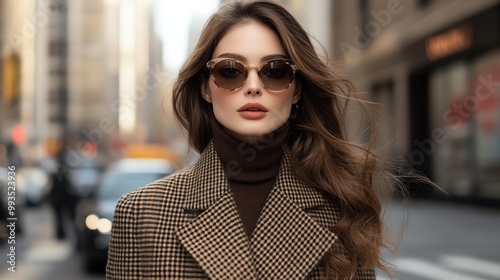 Stylish woman in sunglasses on city street, urban fashion, modern vibe.