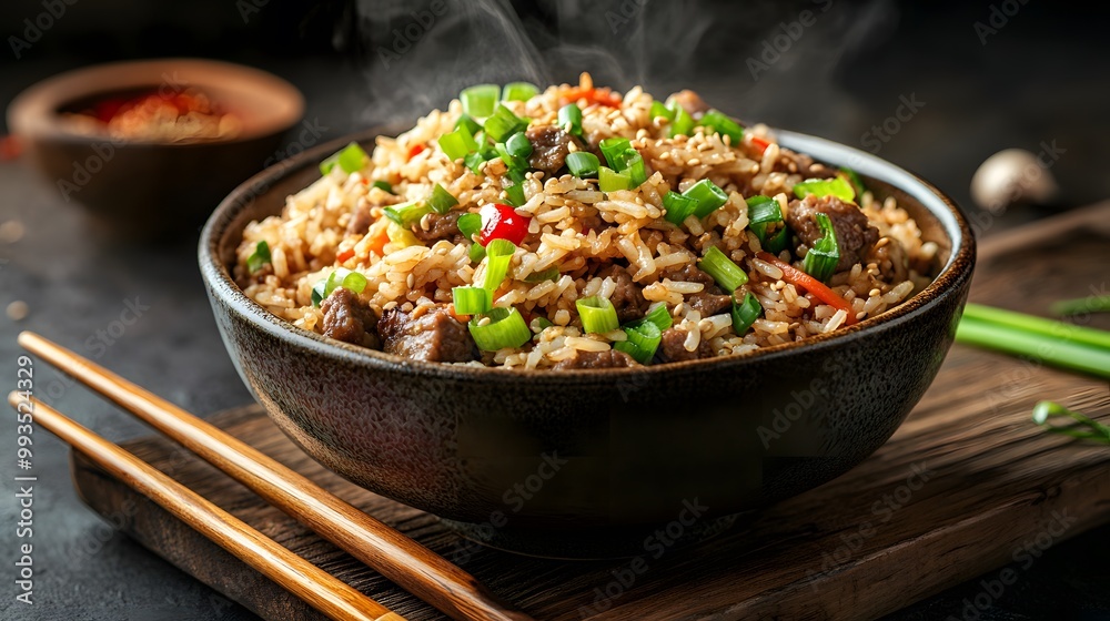 Beef fried rice in rustic ceramic bowl, wooden serving board, chopsticks, garnished with green onions, sesame seeds, vibrant colors, steam rising, gourmet presentation. Beef fried rice in rustic ceramic bowl, wooden serving board, chopsticks, garnished with green onions, sesame seeds, vibrant colors, steam rising, gourmet presentation.