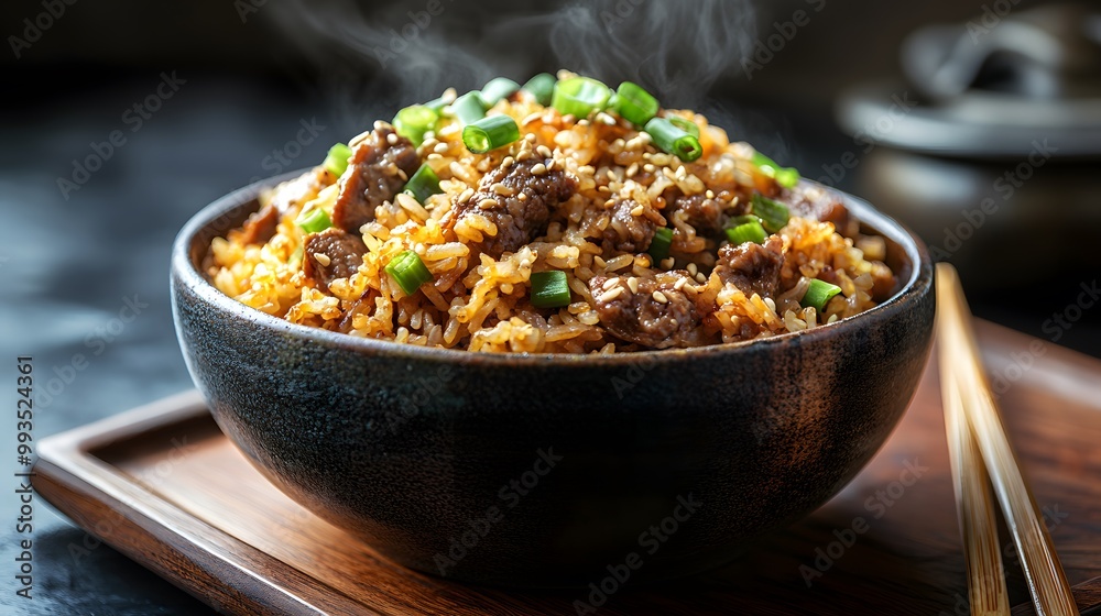 Beef fried rice in rustic ceramic bowl, wooden serving board, chopsticks, garnished with green onions, sesame seeds, vibrant colors, steam rising, gourmet presentation. Beef fried rice in rustic ceramic bowl, wooden serving board, chopsticks, garnished with green onions, sesame seeds, vibrant colors, steam rising, gourmet presentation.