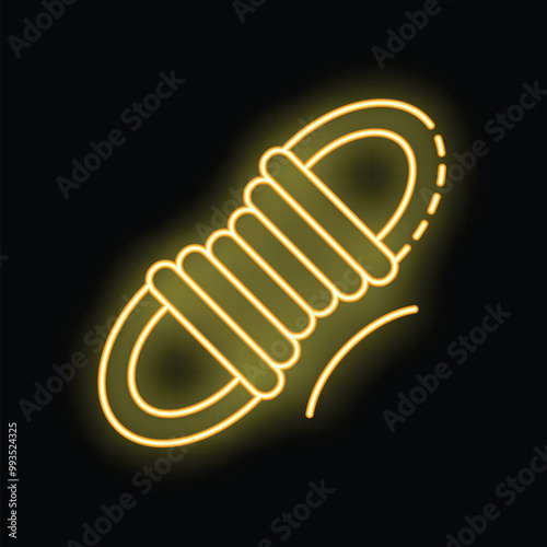 Bright yellow neon snowshoe glowing on dark background, winter sports and outdoor activities concept