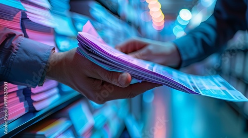 A close-up view capturing hands exchanging documents, set within a vibrant office space, symbolizing collaboration and teamwork amidst a busy professional environment. photo