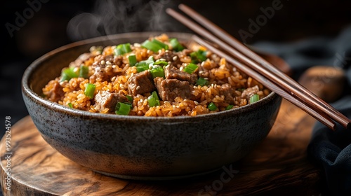 Beef fried rice in rustic ceramic bowl, wooden serving board, chopsticks, garnished with green onions, sesame seeds, vibrant colors, steam rising, gourmet presentation.