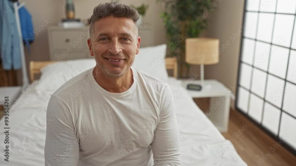 Middle-aged man sitting on a bed in a well-lit bedroom, showcasing a serene and relaxed demeanor in a cozy home interior setting. Middle-aged man sitting on a bed in a well-lit bedroom, showcasing a serene and relaxed demeanor in a cozy home interior setting.