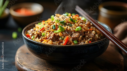 Beef fried rice in rustic ceramic bowl, wooden serving board, chopsticks, garnished with green onions, sesame seeds, vibrant colors, steam rising, gourmet presentation.