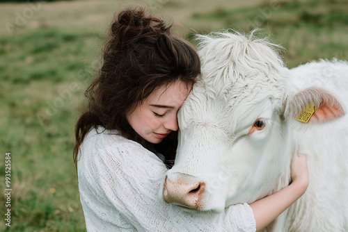 a young vegan woman hugging a cow in a peaceful meadow, symbolizing compassion towards animals photo