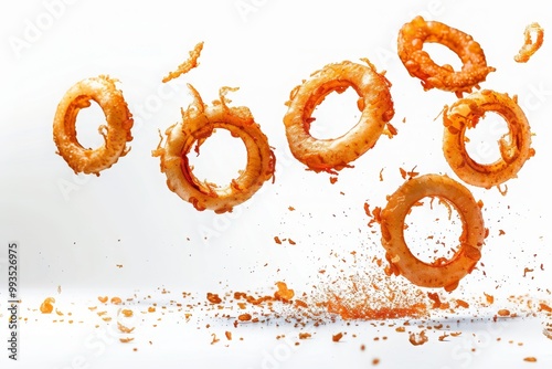 flying onion rings on white. MZ. Falling onion rings 