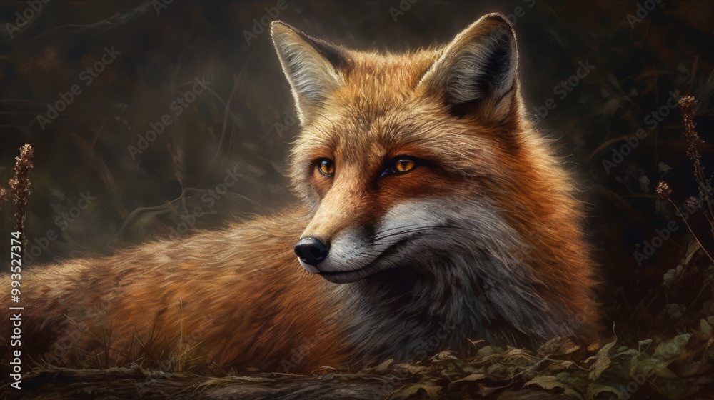 Obraz premium A close-up of a fox resting in a natural setting.