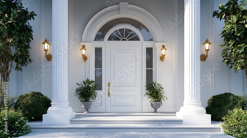 Elegant white front door with classical architectural entrance, arched doorway, ornate moldings, white pillars, antique brass hardware, potted plants, symmetrical composition.