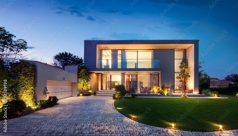 Fototapeta premium luxurious modern house exterior house illuminated by elegant lighting and garden in the evening