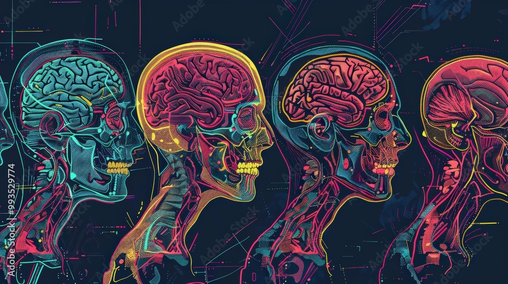 Fototapeta premium Human skeleton face anatomy with brain, teeth, jaw and nerves. Copy space, head or skull bones, medical anatomical background