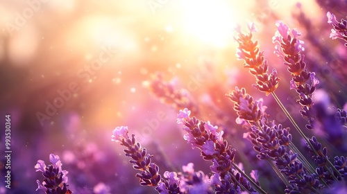 Lavender field at sunset, vibrant purple tones, golden sunlight, dreamy atmosphere, blooming lavender flowers, lens flare, warm evening light, romantic mood.