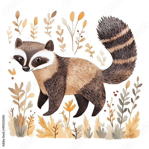 Watercolor Illustration of a Raccoon with a Bushy Tail Surrounded by Fall Foliage.