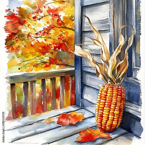 Watercolor Painting of a Corncob on a Porch with Fall Foliage.