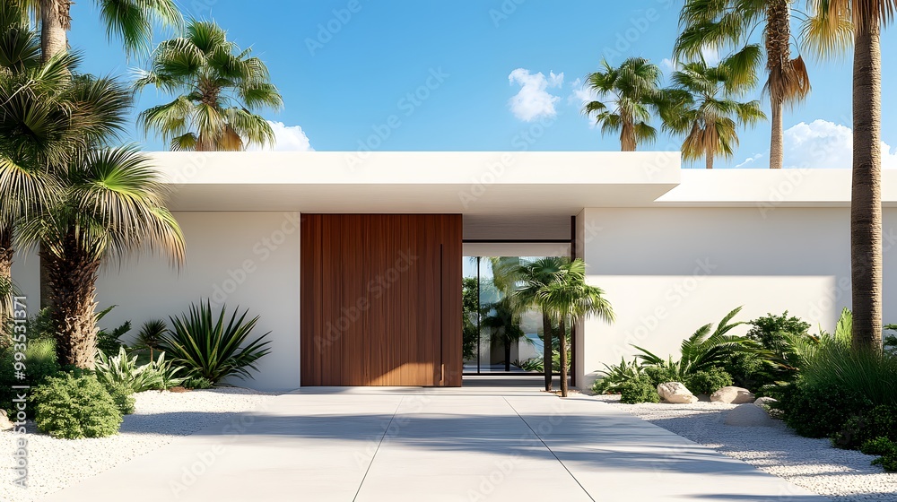 Fototapeta premium Mid-century modern house entrance with white walls, bright sunlight, wooden sliding gate, flat roof, palm trees, desert landscaping, minimalist architecture.