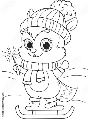 Coloring page outline of cartoon smiling cute fox. Colorful vector illustration, winters coloring book for kids.