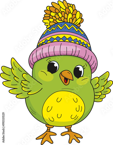 Coloring page outline of cartoon smiling cute little bird. Colorful vector illustration, winters coloring book for kids.