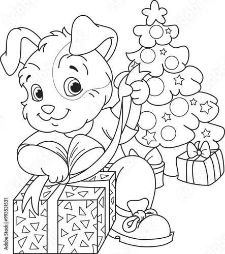 Coloring page outline of the cartoon smiling cute little dog with christmas tree and gifts. Colorful vector illustration, winters coloring book for kids.